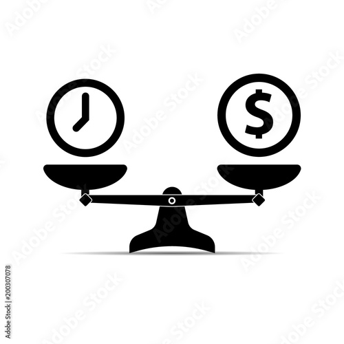 Scales icon. Money and time. Vector black scale single symbol.