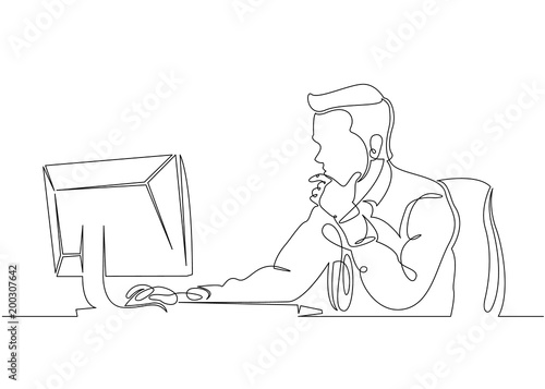 Continuous single drawn one line designer looks working monitor