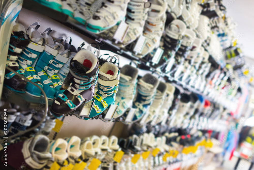 Fototapeta premium Image of ski boots for skiing in sport store