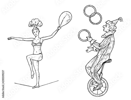 The clown on the wheel juggles with skittles or balls on white background. Street actor or artist in circus. Performer acrobat. Engraved Hand drawn sketch in vintage victorian style.