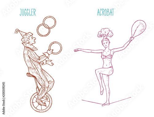 The clown on the wheel juggles with skittles or balls on white background. Street actor or artist in circus. Performer acrobat. Engraved Hand drawn sketch in vintage victorian style.