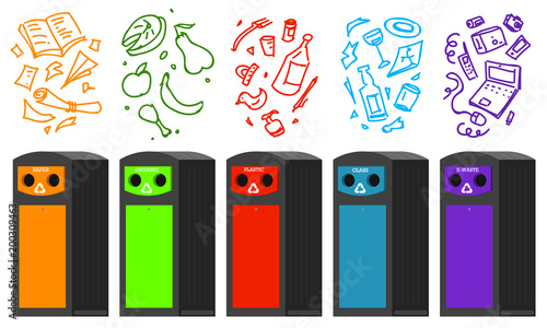 Recycling garbage elements. Bag or containers or cans for different trashes. Sorting and Utilize food waste. Ecology symbol. Segregation Separation and Industry management concept. disposal refuse bin