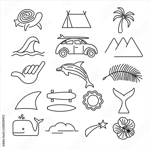 Summer beach surf icon set in line art style