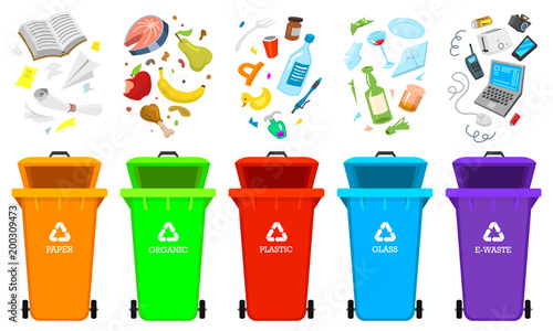 Recycling garbage elements. Bag or containers or cans for different trashes. Sorting and Utilize food waste. Ecology symbol. Segregation Separation and Industry management concept. disposal refuse bin