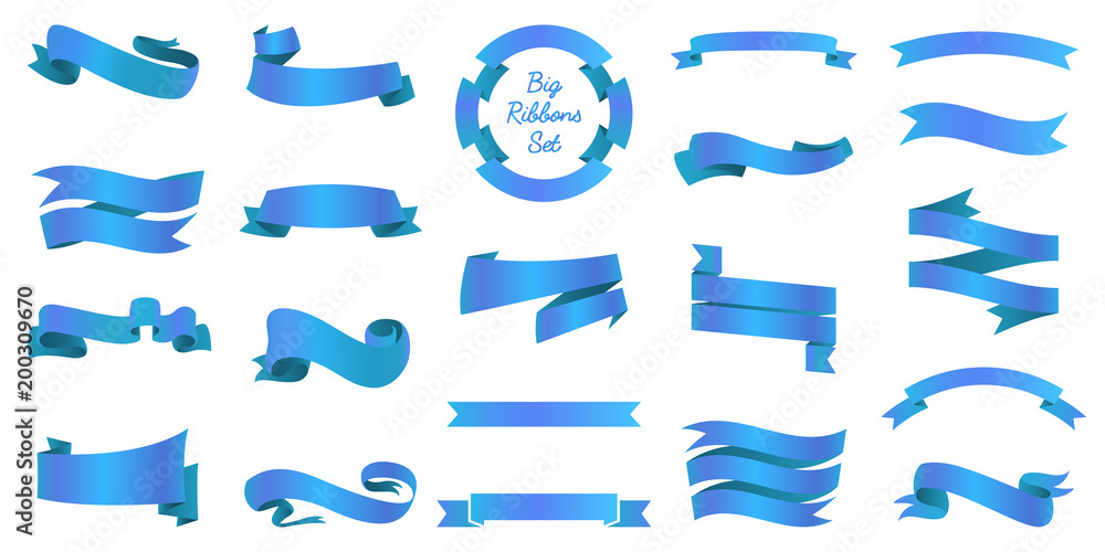 Ribbons banners, Illustration set and tape isolated on white background. blue vintage details for wedding card and lettering. Decor for holiday.
