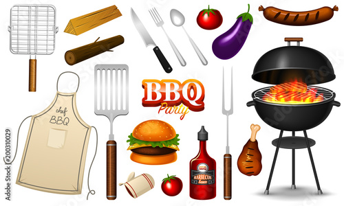 Barbecue grill elements set isolated on red background. BBQ party. Summer time. Meat restaurant at home. Charcoal kettle with tools, sauce and foods. Kitchen equipment for menu. Cooking outdoors.