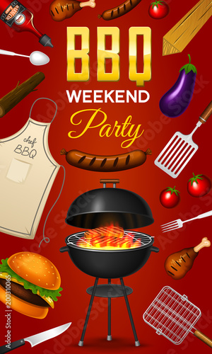 Barbecue grill elements set isolated on red background. BBQ party poster. Summer time. Meat restaurant at home. Charcoal kettle with tool, sauce and foods. Kitchen equipment for menu. Cooking outdoors