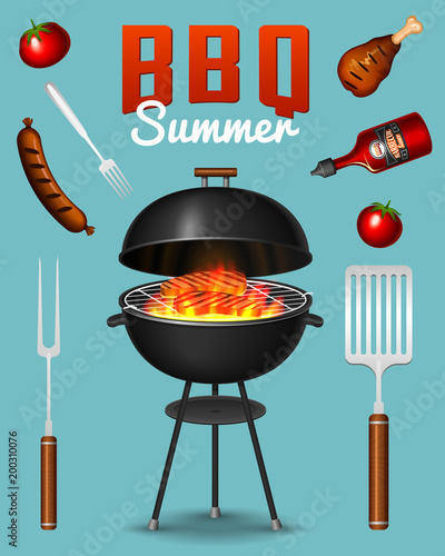 Barbecue grill elements set isolated on red background. BBQ party poster. Summer time. Meat restaurant at home. Charcoal kettle with tool, sauce and foods. Kitchen equipment for menu. Cooking outdoors