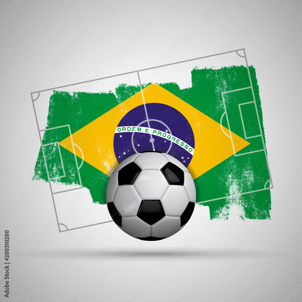 Brazil flag soccer background with grunge flag, football pitch and soccer ball