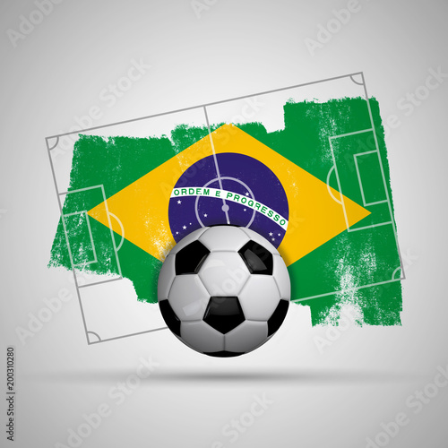 Brazil flag soccer background with grunge flag  football pitch and soccer ball