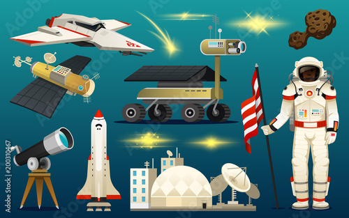 astronaut spaceman. planets in solar system. astronomical galaxy. cosmonaut explore adventure. space shuttle, telescope, robot and mars, lunar rover.