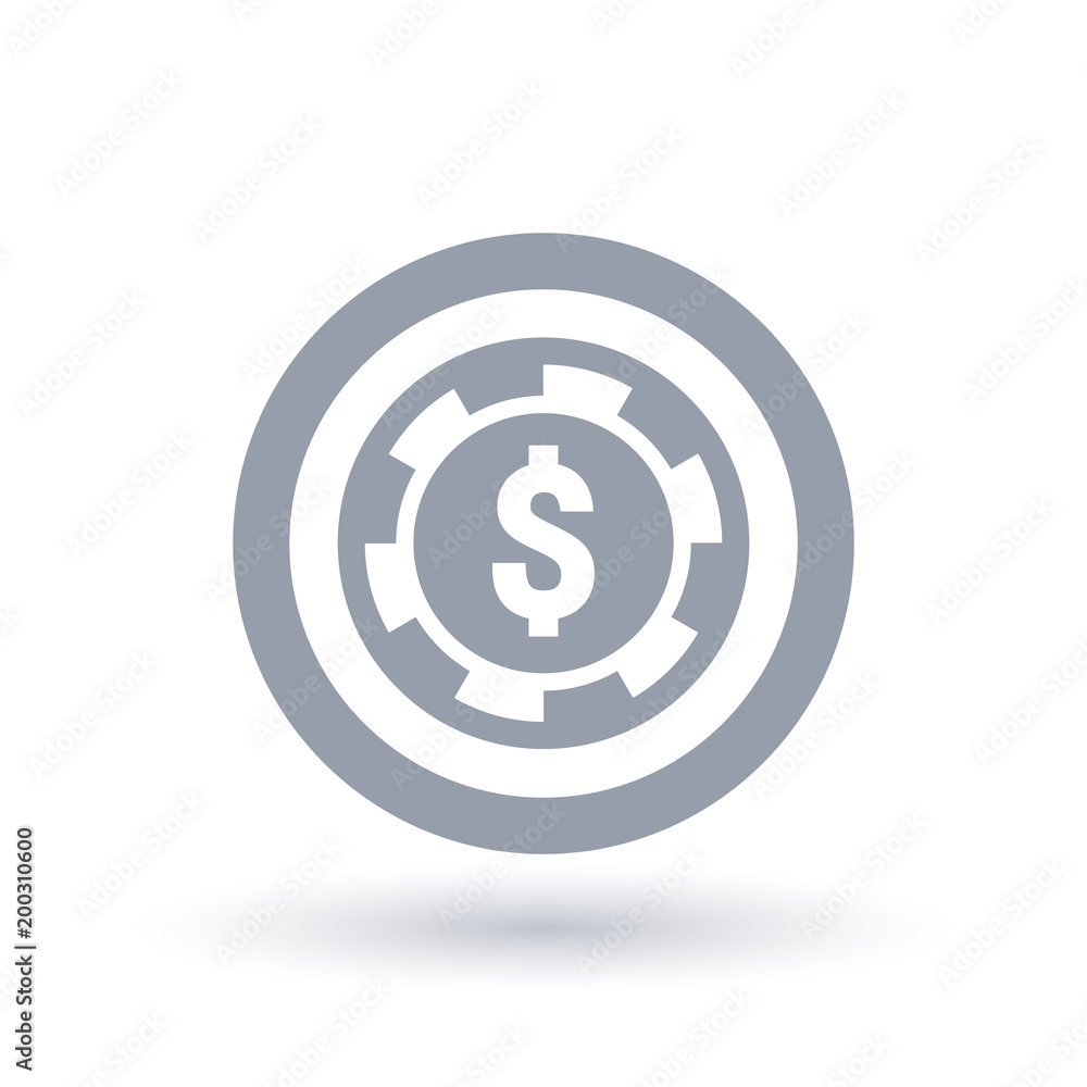 Poker chip icon. Dollar token symbol. Gambling money sign in circle outline. Vector illustration. Poker chip icon. Dollar token symbol. Gambling money sign in circle outline. Vector illustration.
