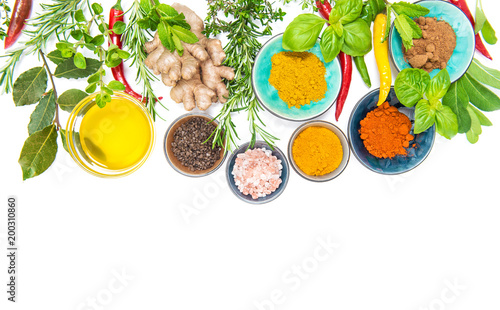 Herbs spices Curry turmeric ginger rosemary Healthy organic food photo