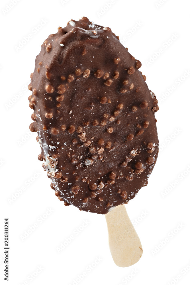 Ice cream in chocolate glaze with nuts on a wooden stick. Sweet dessert for the summer is photographed close-up. Isolated on white background. Ice cream in chocolate glaze with nuts on a wooden stick. Sweet dessert for the summer is photographed close-up. Isolated on white background.