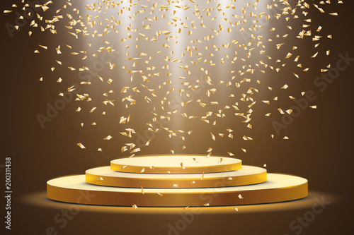 
Golden podium with a spotlight on a dark background, with candy, sparkles. First place, fame and popularity. Vector illustration
 photo