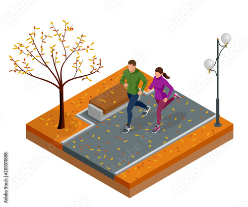 Isometric young woman and man runners running on a city park. Sportive people training in an urban area, healthy lifestyle and sports concepts.