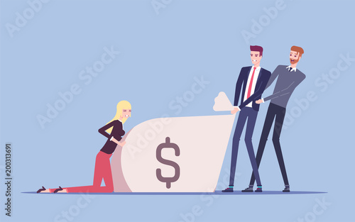 Team of businessmen together trying to pull a big bag of money making every effort, apply all force and energy, collaborative work vector flat illustration. Business concept teamwork and profit