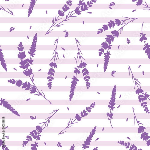 Lavender flowers and stripes vector repeat pattern. Beautiful violet lavender...