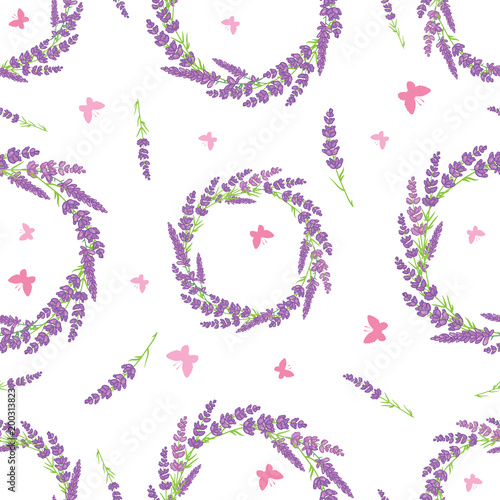 Lavender wreaths and butterflies repeat pattern. Vector seamless background d...