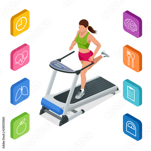 Isometric young woman in sportswear running on treadmill at gym. Fitness and Health icons. Running machine or track