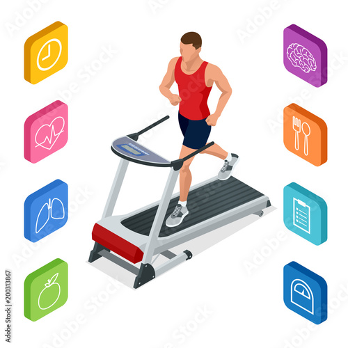 Isometric young man in sportswear running on treadmill at gym. Fitness and Health icons. Running machine or track