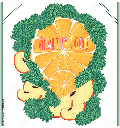 Healthe food composition - orange, apple, echeveria decor