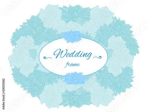 Soft blue vector wedding frame with roses and echeveria