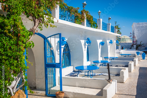 Tunisian restaurant's close-up. Sidi Bou Said - town in northern Tunisia known for its blue and white architecture