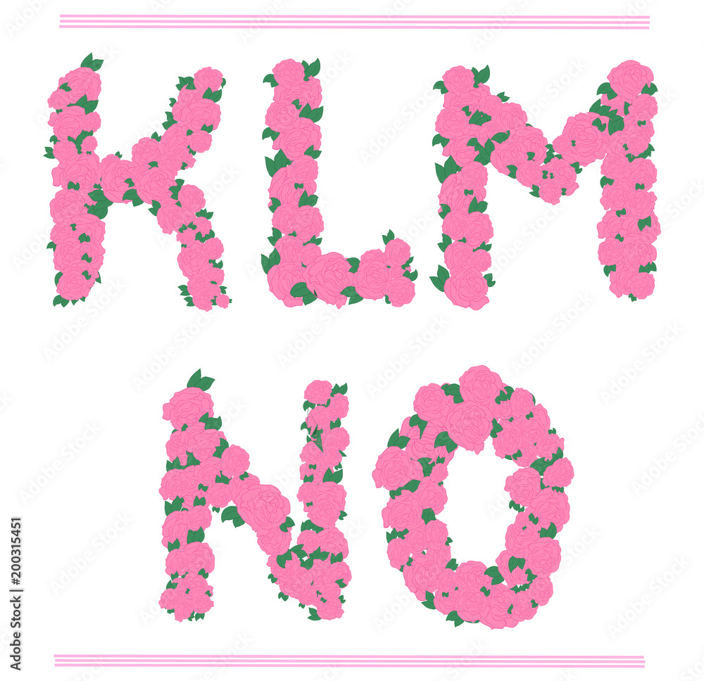 Vector pink roses font - K - O decor letters Vector pink roses font - K - O decor letters