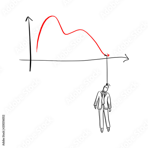 doodle dead businessman hang on a graph down vector illustration sketch hand drawn with black lines isolated on white background