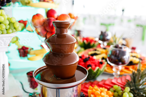 Chocolate Fountain And Fruits For Dessert At Wedding Table