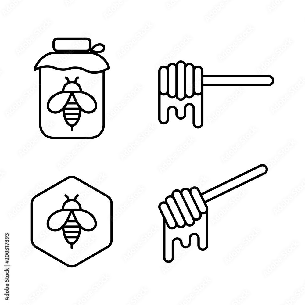 honey can, honey dipper and bee icons on white background honey can, honey dipper and bee icons on white background