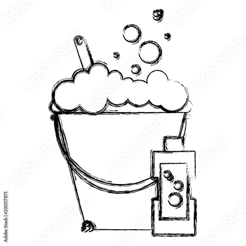 grunge laundry bursh inside pail and detergent bottle