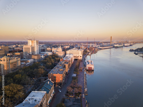 Aerial view of downtown Savannah, USA, and River Street. photo