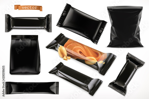 Black polymer packaging for foods. Chocolate bar, different snack products. 3d realistic vector set mock up