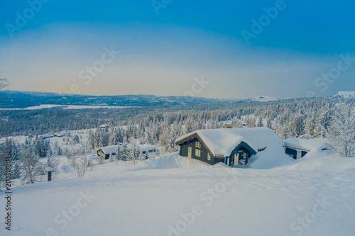 Above view of beautiful landscape of wooden buildings with pine trees covered with snow and ice in the forest during winter photo