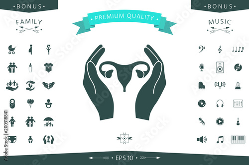 Hands holding Female uterus - protection icon