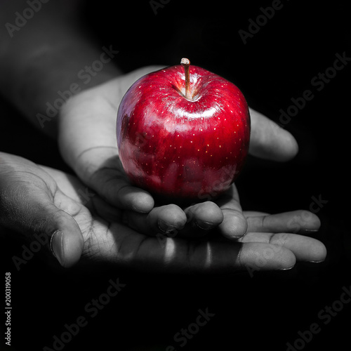 Foto Hands holding a red apple in black background