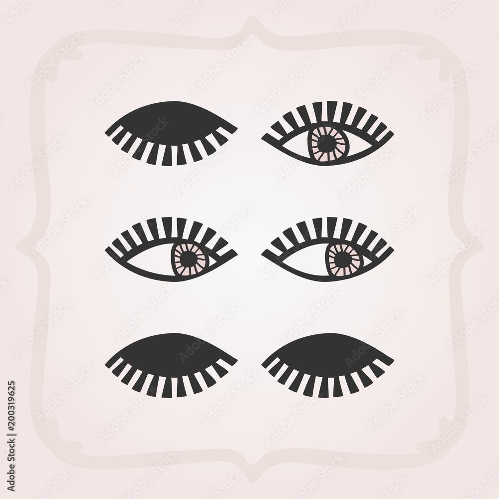Black abstract feminine eyes set with no faces icons on pink gradient background. Black abstract feminine eyes set with no faces icons on pink gradient background.