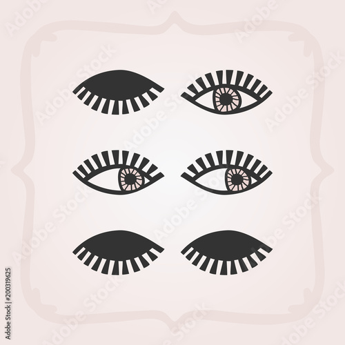 Black abstract feminine eyes set with no faces icons on pink gradient background.