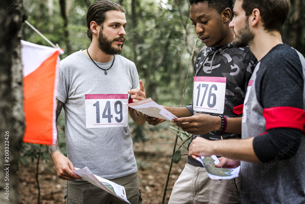 Naklejka premium Outdoor orienteering check point activity