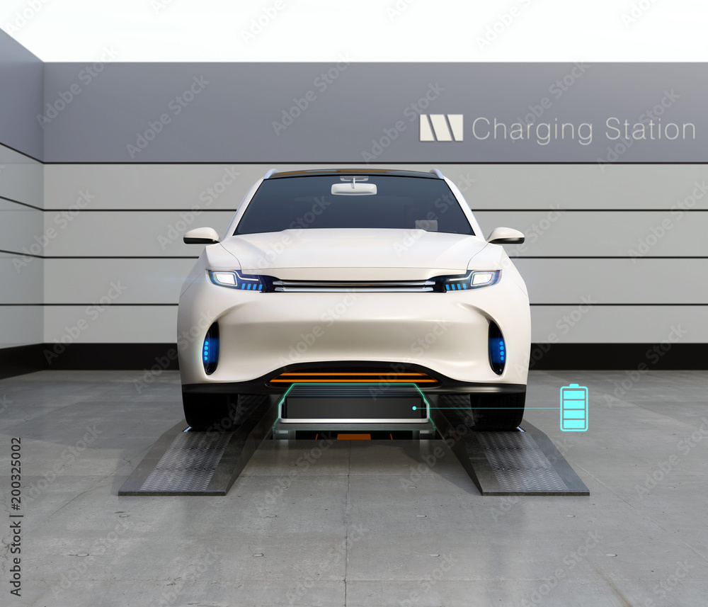 Front view of electric SUV car exchange low battery in battery swapping