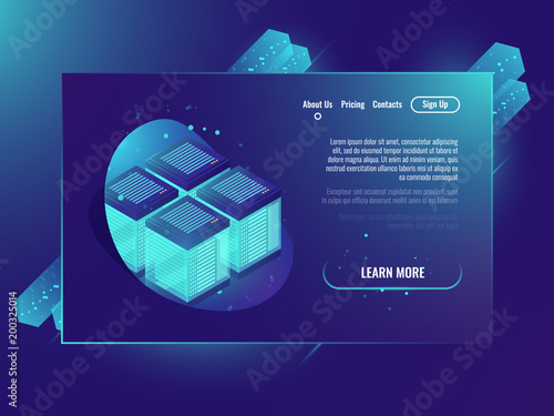 Server room, processing of big data concept, data center, database, electron catalog and library isometric neon ultraviolet vector