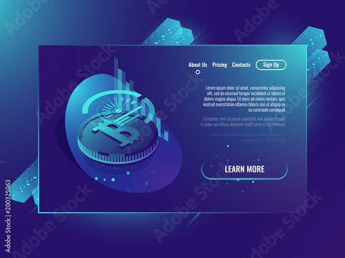 Crypto currency mining bitcoin statistic chart, business investment isometric neon ultraviolet vector