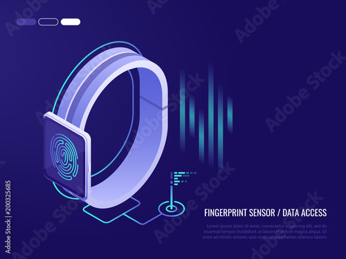 Сoncept of fingerprint sensor on smart watch .Access to data. Fingerprint on the smartphone screen. 3d isometric style