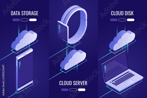 Set of 3 headers with cloud data storage .Uploading to a cloud server. Downloading from the cloud to drive. 3d Isometric style