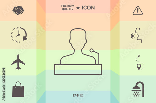 Speaker, orator speaking from tribune - line icon