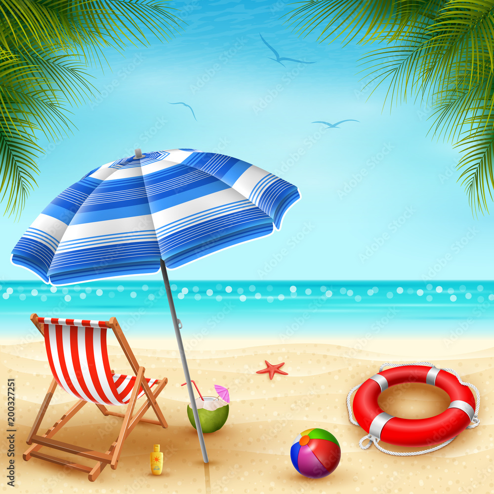 Fototapeta premium It's summer time banner with chair striped, umbrella, and lifebuoy on a sunny summer background