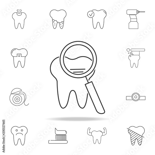 icon magnifier and tooth. Detailed set of dental outline line icons. Premium quality graphic design icon. One of the collection icons for websites, web design, mobile app