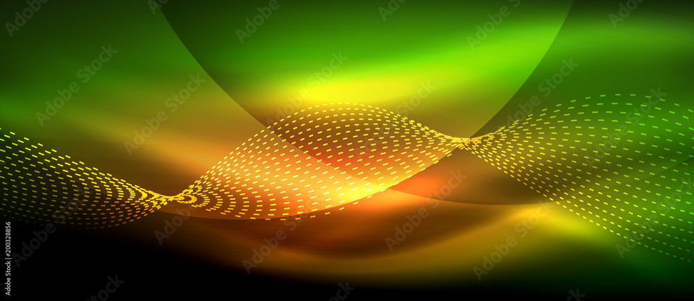 Glowing abstract wave on dark, shiny motion, magic space light. Techno abstract background Glowing abstract wave on dark, shiny motion, magic space light. Techno abstract background